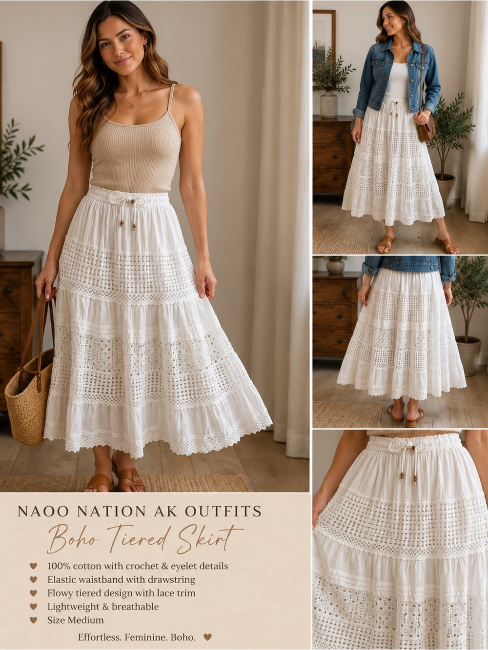 Naoo Nation White Boho Crochet Eyelet Tiered Midi Skirt M 100% Cotton Western